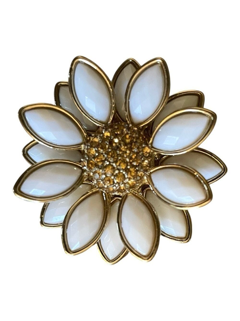 Vintage Napier Gold & White Flower Brooch, Yellow Rhinestone Bezel Center.